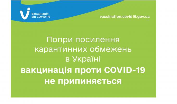 Вакцинація проти COVID-19 не припиняється попри посилення карантинних обмежень в деяких областях України Вакцинація проти COVID-19 не припиняється попри посилення карантинних обмежень в деяких областях України